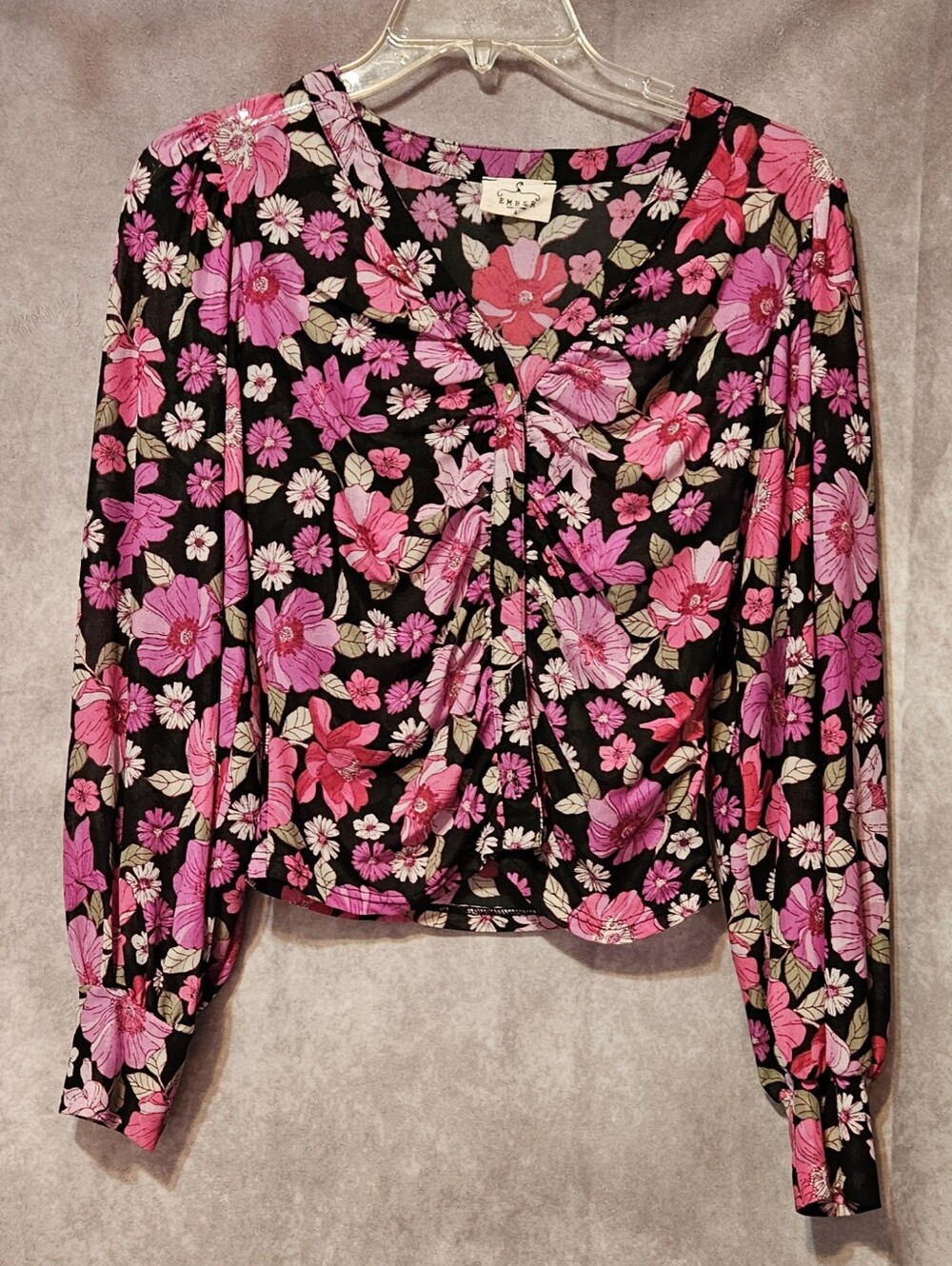 EMBER Floral Ruched V-Neck Blouse Size L Pink Black Cuffed Long Sleeve Top